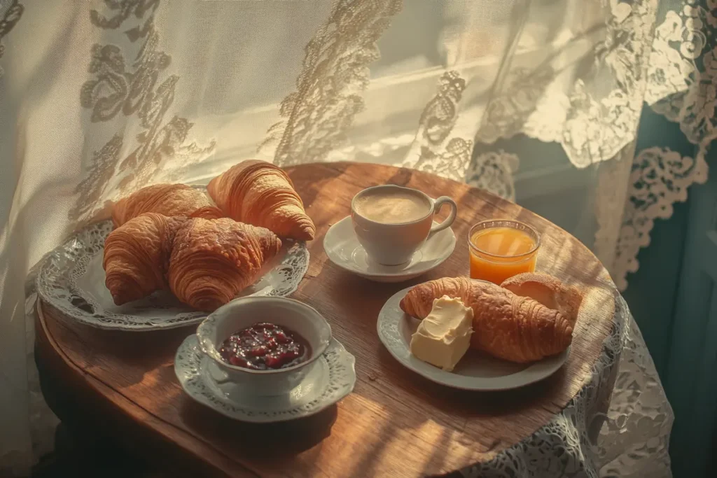 Classic French breakfast with croissants, baguette, and coffee.