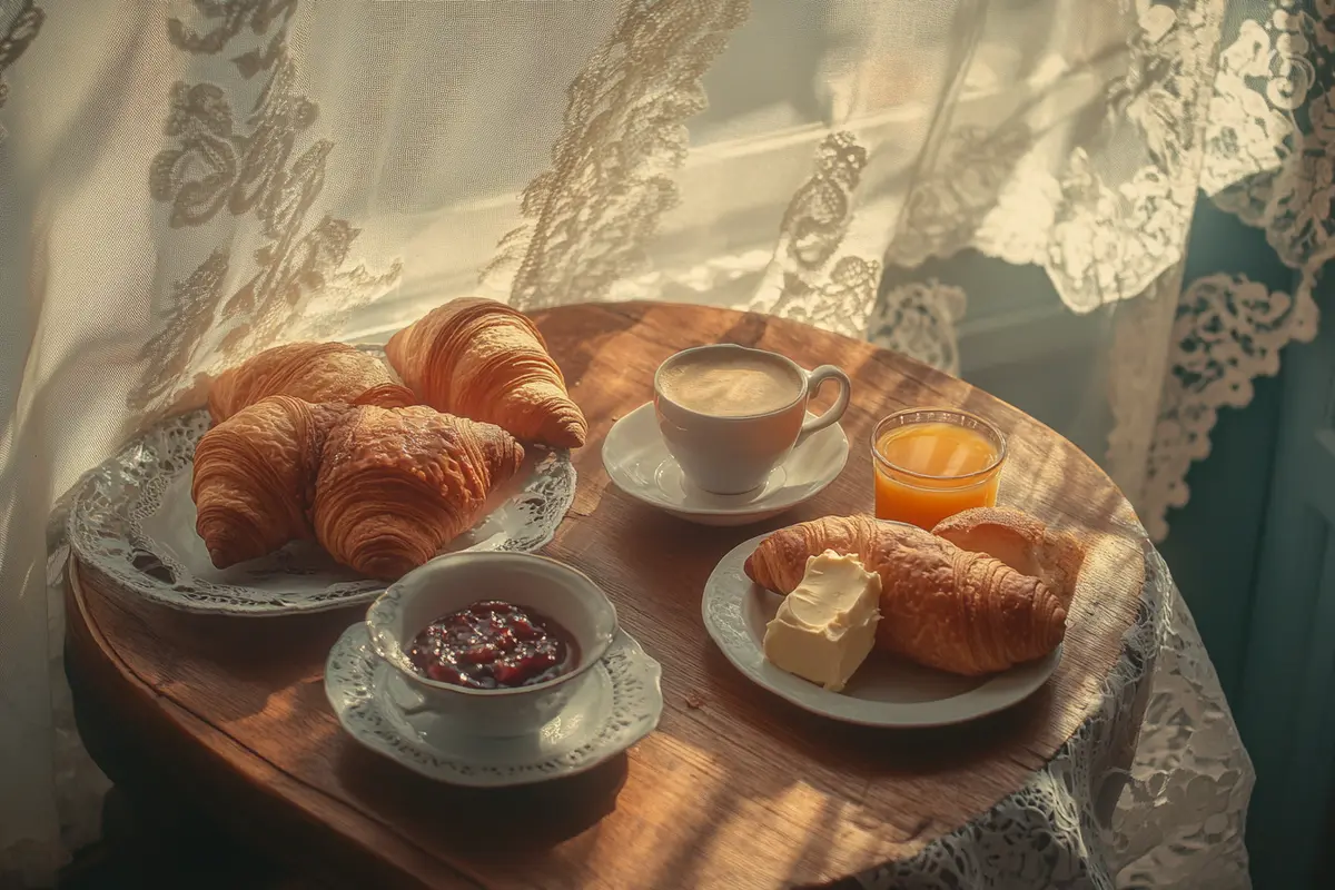 Classic French breakfast with croissants, baguette, and coffee.
