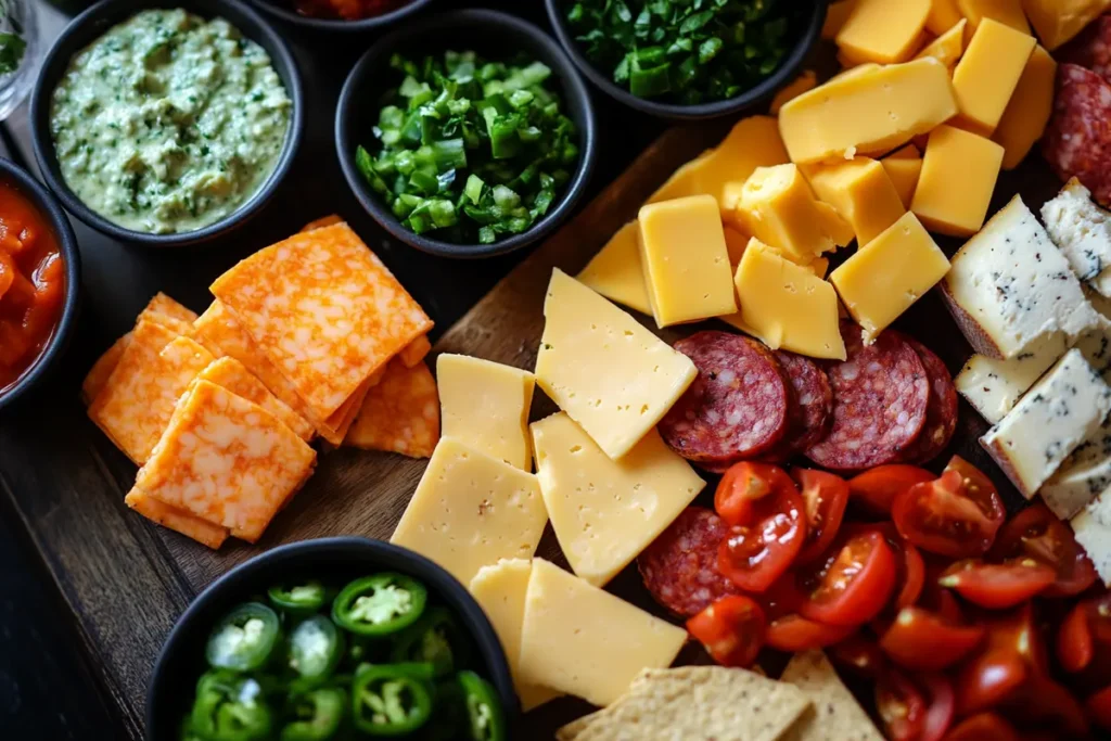 Flat-lay of smoked queso ingredients with wood chunks.