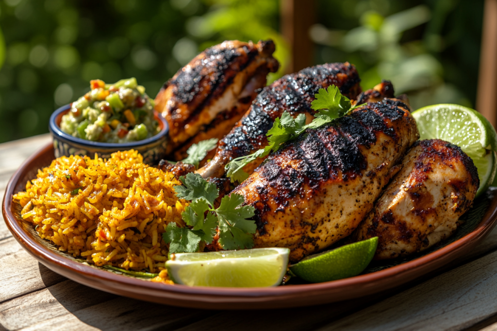 Grilled chicken with Tex-Mex sides of Mexican rice and elote.