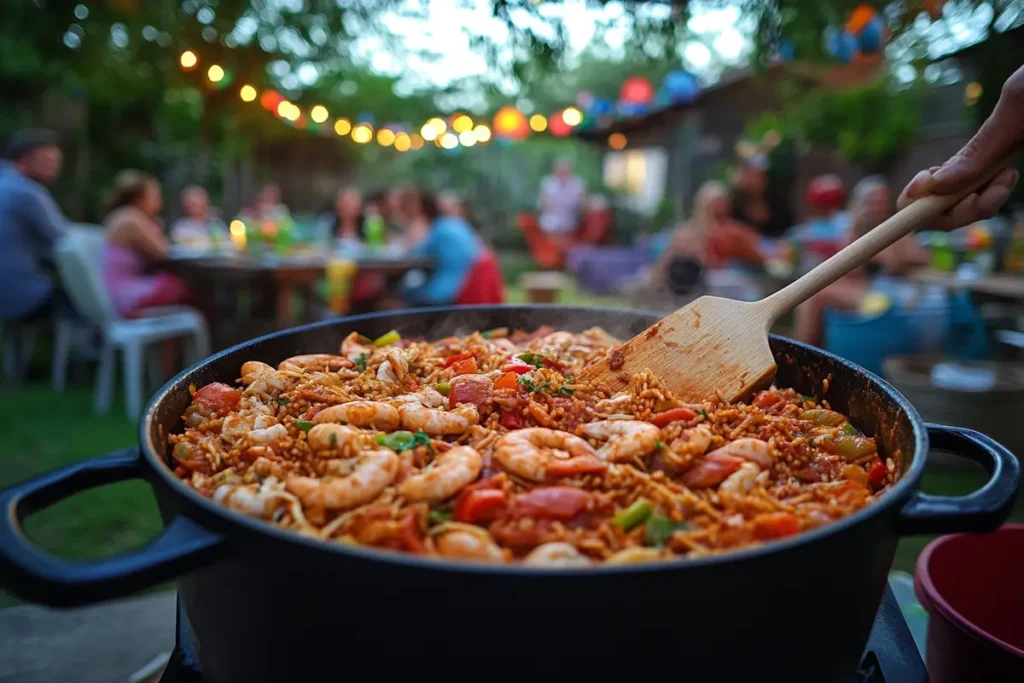 A community gathering in Louisiana centered around a large pot of pastalaya.