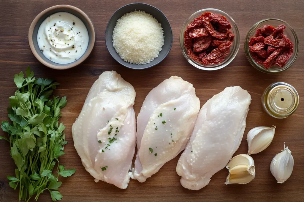  Ingredients for Marry Me Chicken on a Wooden Counter