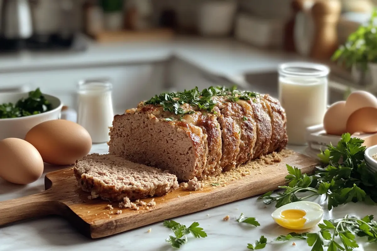 Freshly baked meatloaf sliced on a wooden board with garnish.