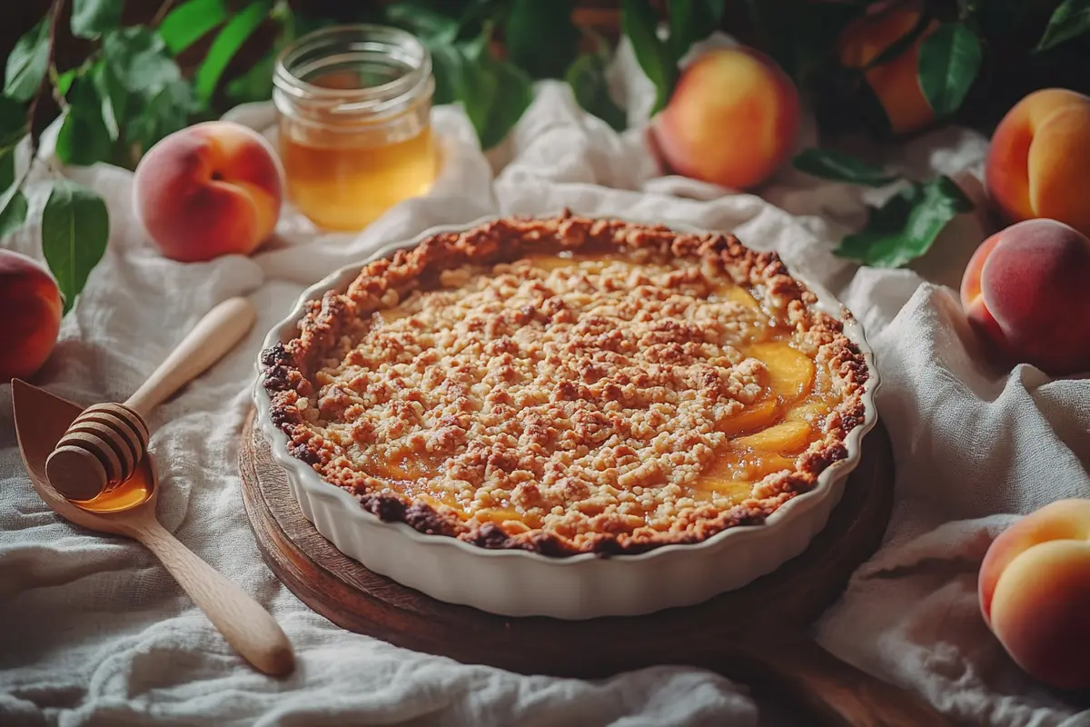 Freshly baked peach crumble in a rustic ceramic dish.