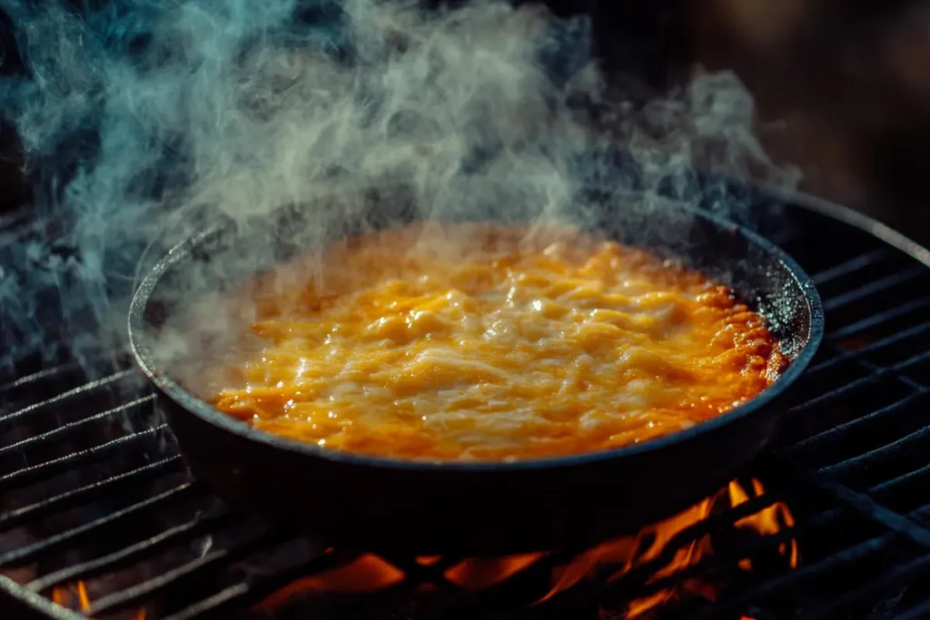 Smoked queso on a smoker with visible smoke.