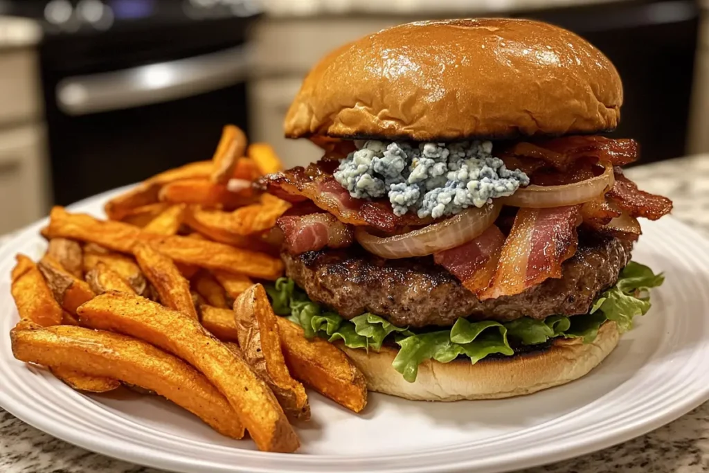  Gourmet venison burger with blue cheese, bacon, and caramelized onions.