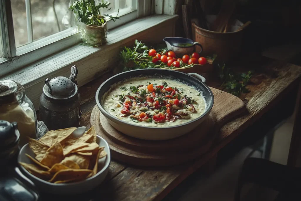 Smoked queso with tortilla chips and wood chunks on a rustic table.
