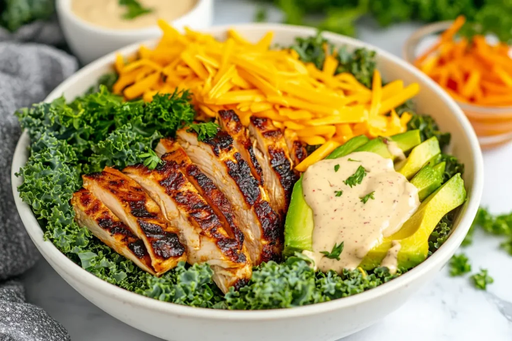 Keto burger bowl with kale, grilled chicken, and tahini dressing.