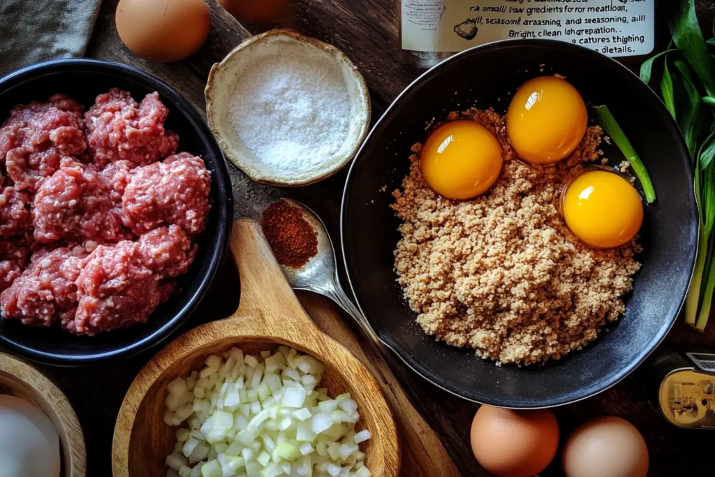  Ingredients for meatloaf preparation with eggs.