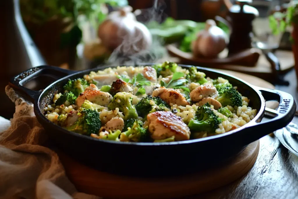 "One-pot chicken and broccoli rice casserole with seasonal ingredients.