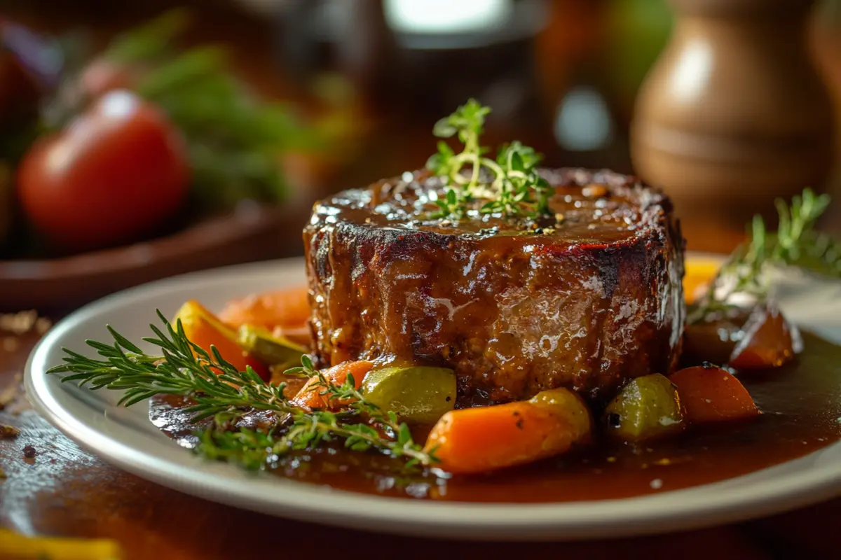 Perfectly plated homemade meatloaf with brown gravy and vegetables.