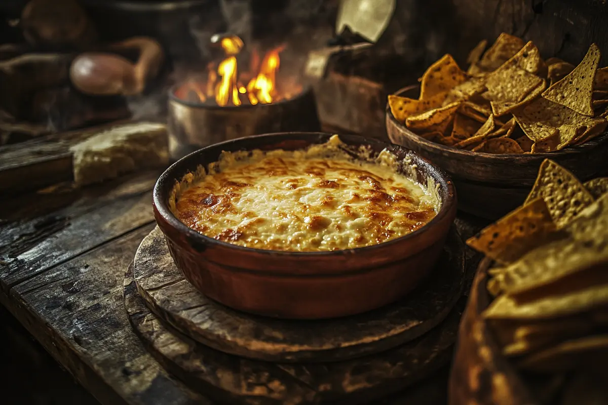 A bowl of smoked queso surrounded by tortilla chips in a rustic kitchen.