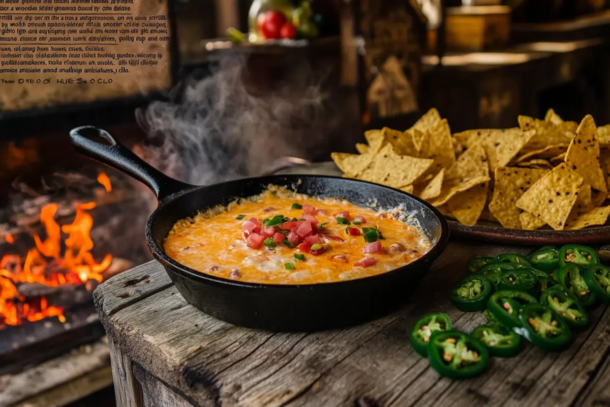 Smoked queso dip in a cast iron skillet with chips and jalapeños.