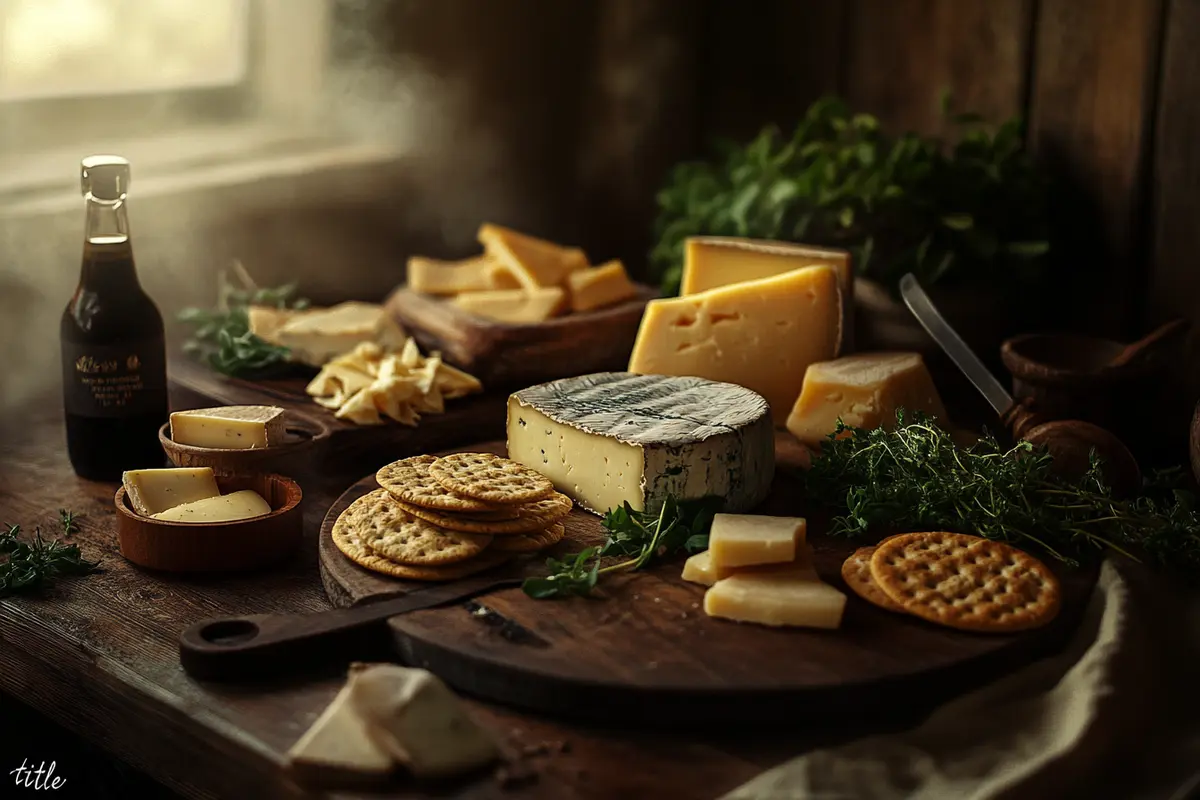 Assortment of smoked cheeses on a rustic table.