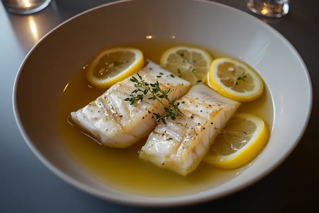 Poached whiting fish in a lemon herb broth.