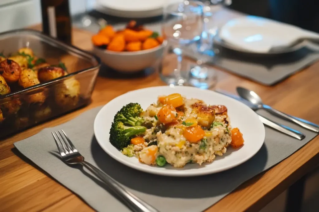 "Serving of Broccoli Casserole with Roasted Vegetables