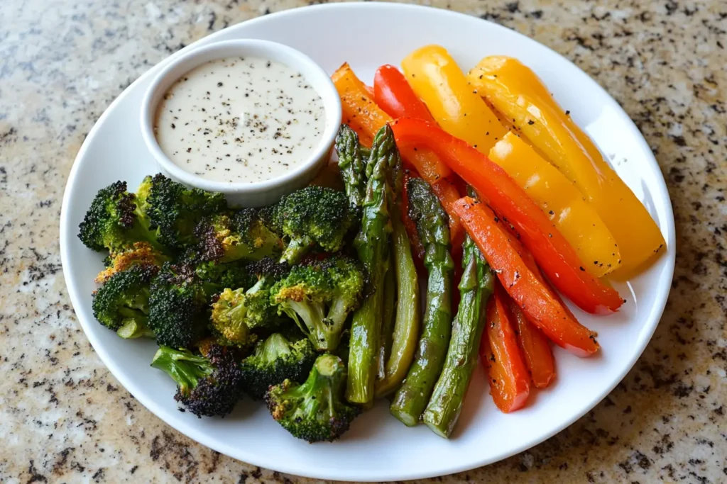 Roasted vegetables topped with Cajun Alfredo Sauce on a white plate