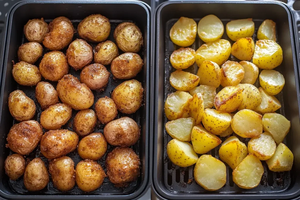 Side-by-side comparison of air-fried potatoes with and without cornstarch.