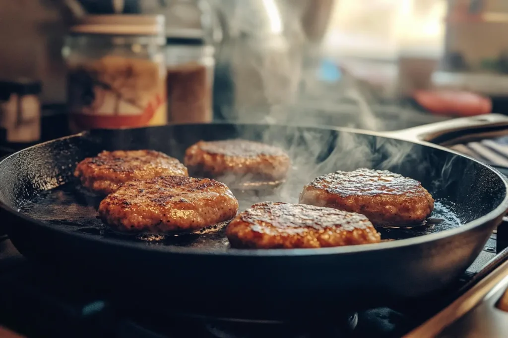 Sausage patties cooking in a cast-iron skillet with steam rising.