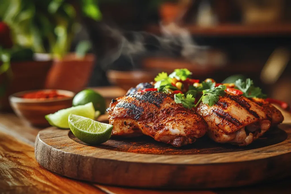 Grilled chicken thigh with lime and cilantro on a rustic Tex-Mex table.