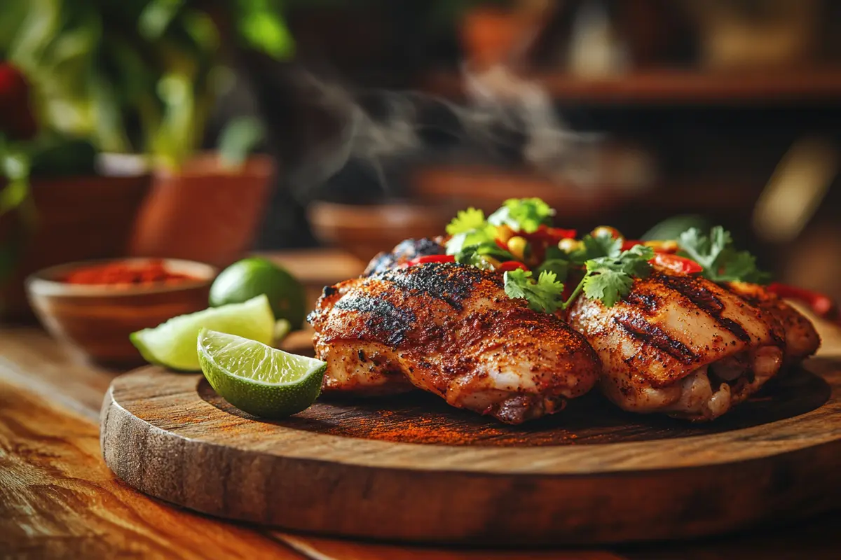 Grilled chicken thigh with lime and cilantro on a rustic Tex-Mex table.