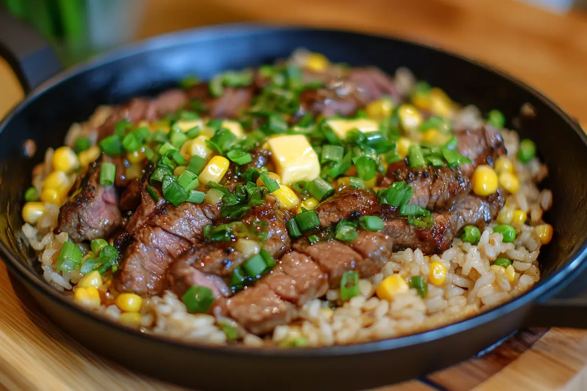 Sizzling hotplate of pepper lunch recipe with beef, rice, and scallions.