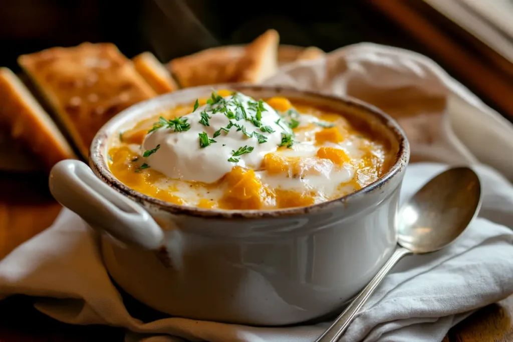 A bowl of creamy butternut squash stew with fresh herbs.