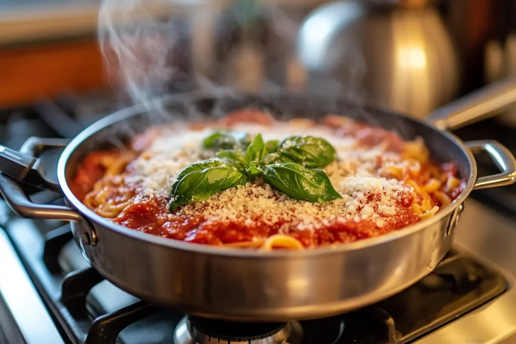 A pot of gluten-free pasta with marinara sauce and basil.