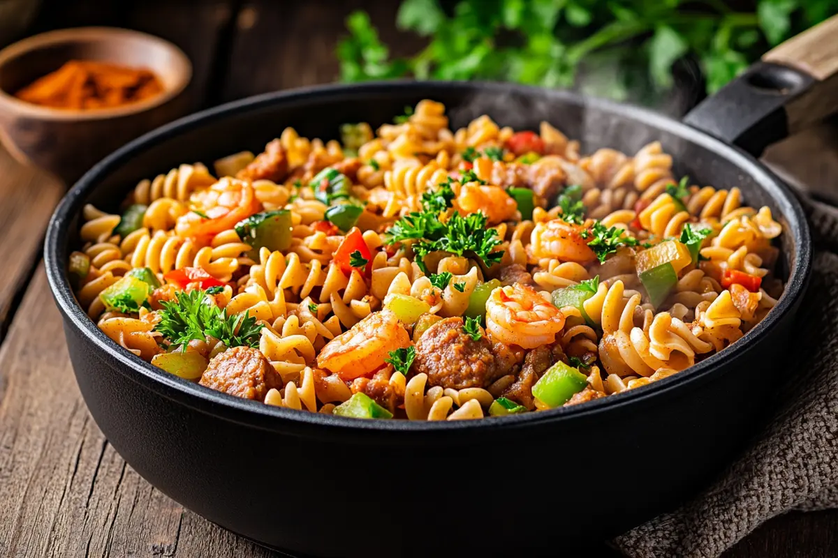 A steaming pot of colorful pastalaya with sausage and shrimp on a rustic wooden table.