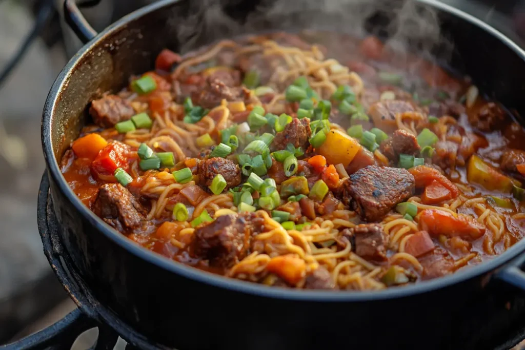 Steaming pot of Louisiana Pastalaya with perfectly cooked noodles.