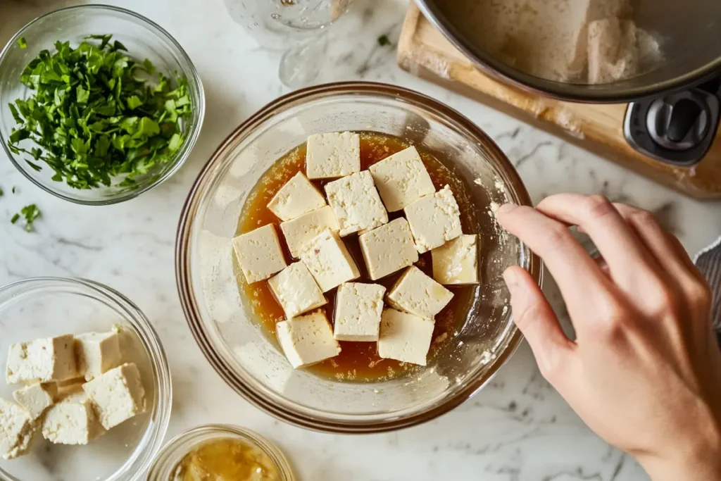 Step-by-step tofu preparation with pressing, marinating, and cutting.