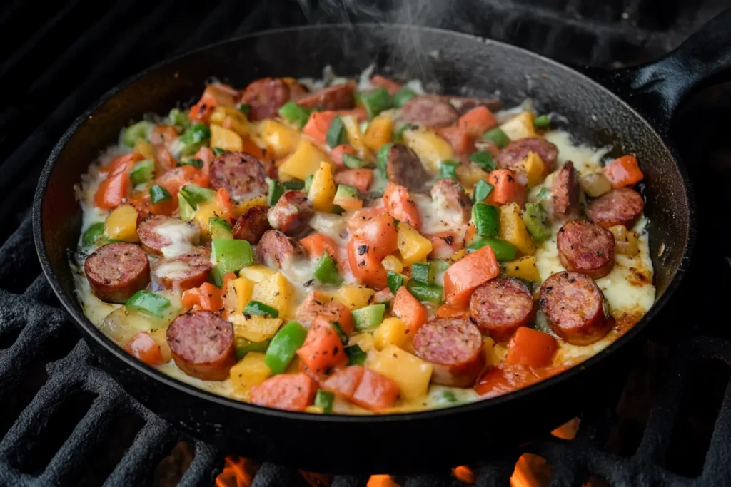 Layering ingredients for smoked queso in a skillet.