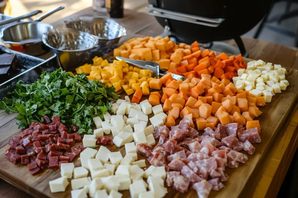 Ingredients for smoked queso recipe on a cutting board
