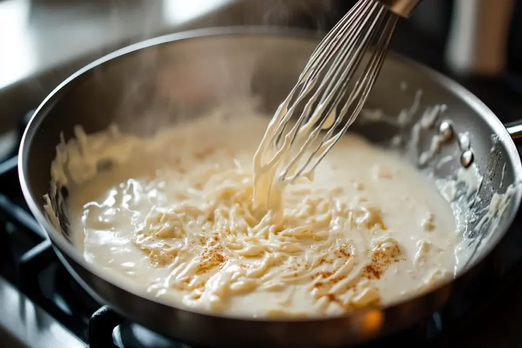 Step-by-step preparation of Cajun Alfredo Sauce in a skillet.