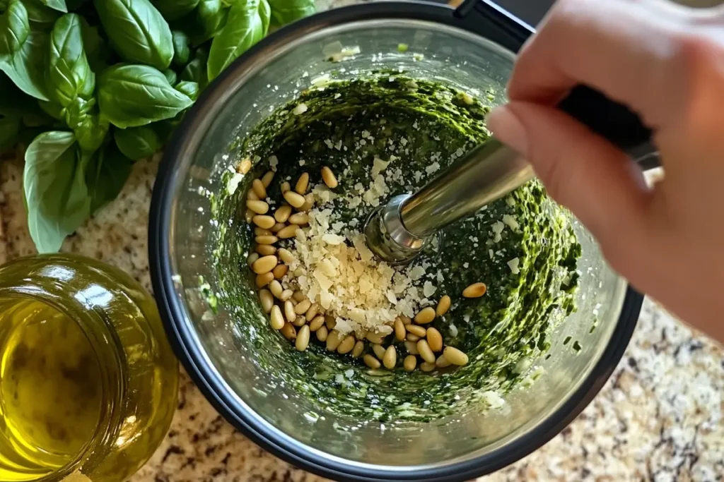 Blending pesto ingredients in a food processor with olive oil.
