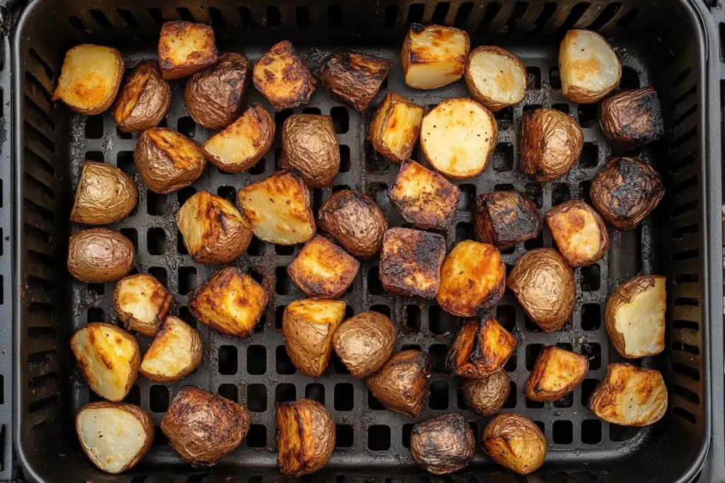 Overcrowded air fryer basket with unevenly cooked potatoes.