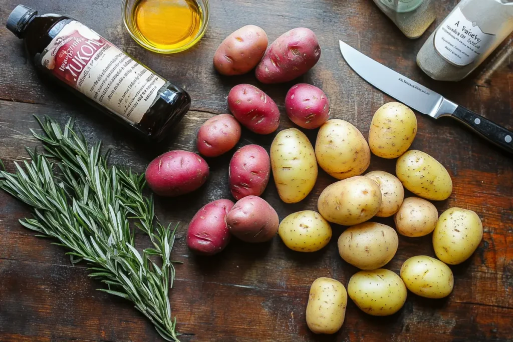  Russet, Yukon Gold, and Red Potatoes on a Wooden Table