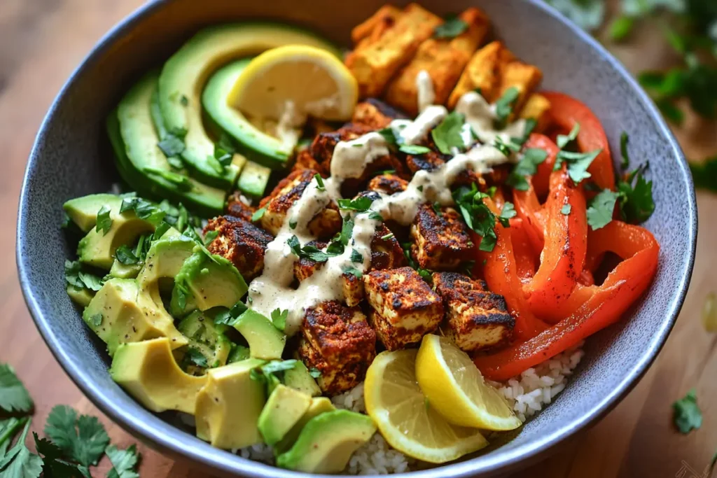 Vegan burger bowl with tofu, roasted vegetables, and avocado.