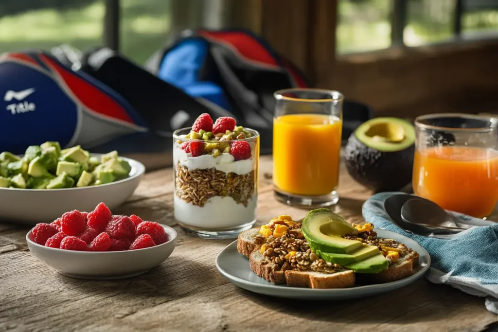Healthy breakfast spread with Greek yogurt, toast, eggs, and juice for a teen athlete.