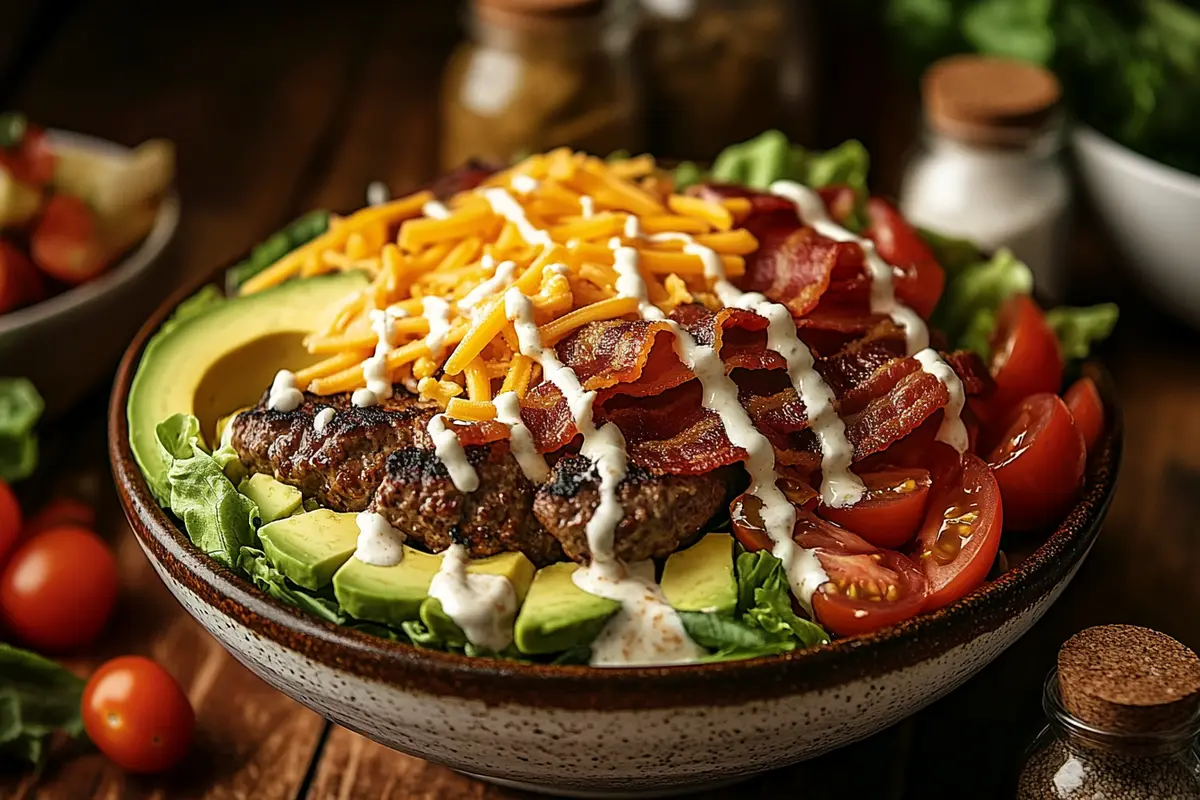 Burger bowl with grilled beef, avocado, bacon, and fresh vegetables.