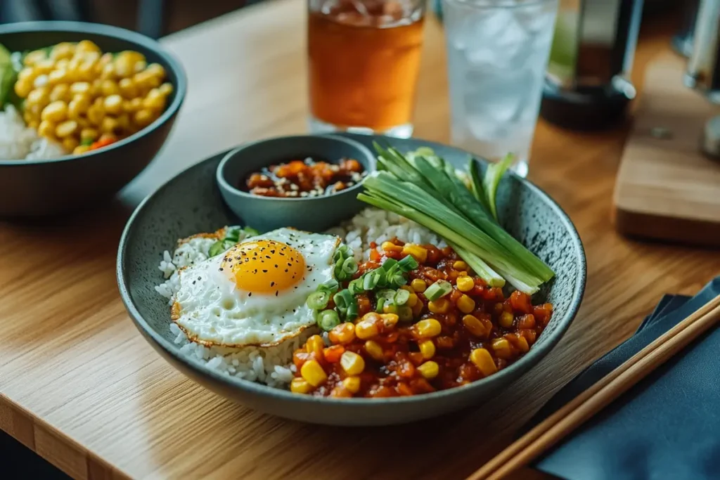  Served pepper lunch recipe with sunny-side-up egg and soy sauce.