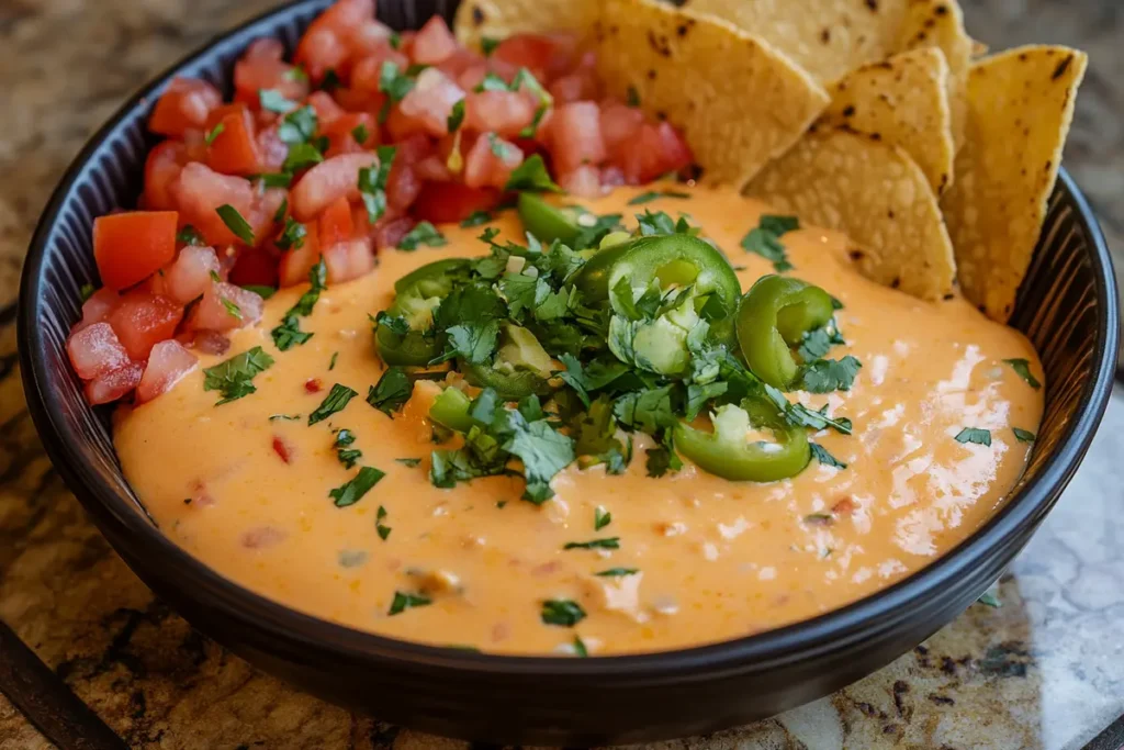 Smoked queso used as a topping for tacos and nachos with fresh ingredients.