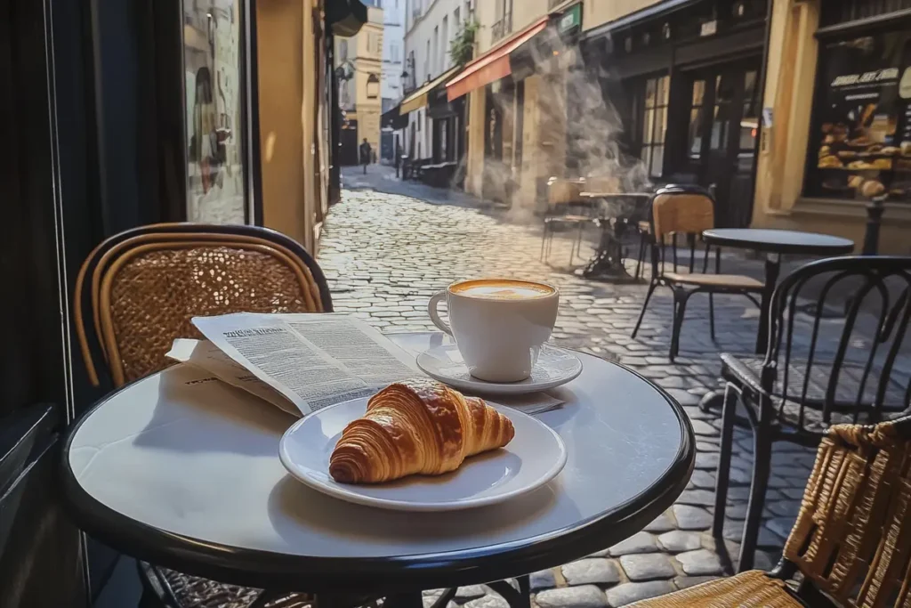 French café breakfast with croissant and espresso.
