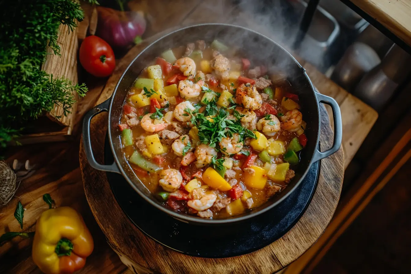 A hearty pot of pastalaya with smoked sausage, shrimp, and vegetables.