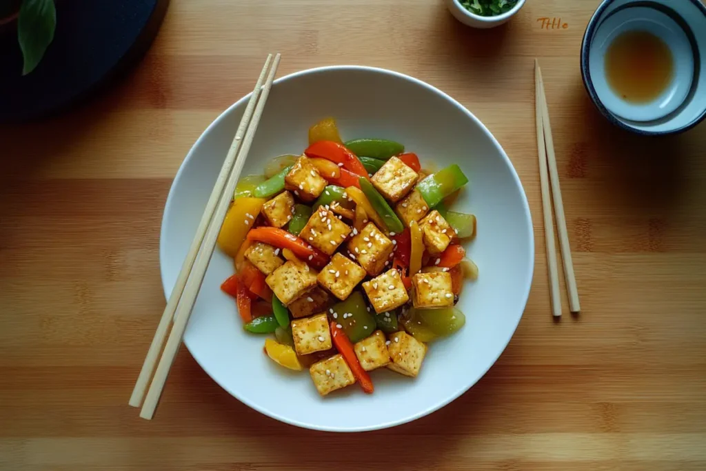 Crispy tofu stir-fry with vegetables and sesame seeds.