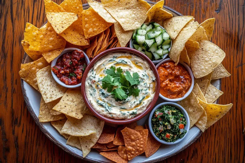 Platter of spinach dip with assorted chips