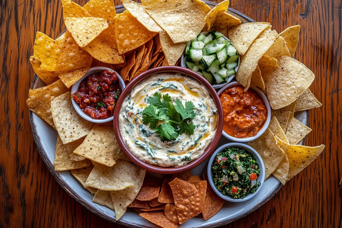 Platter of spinach dip with assorted chips