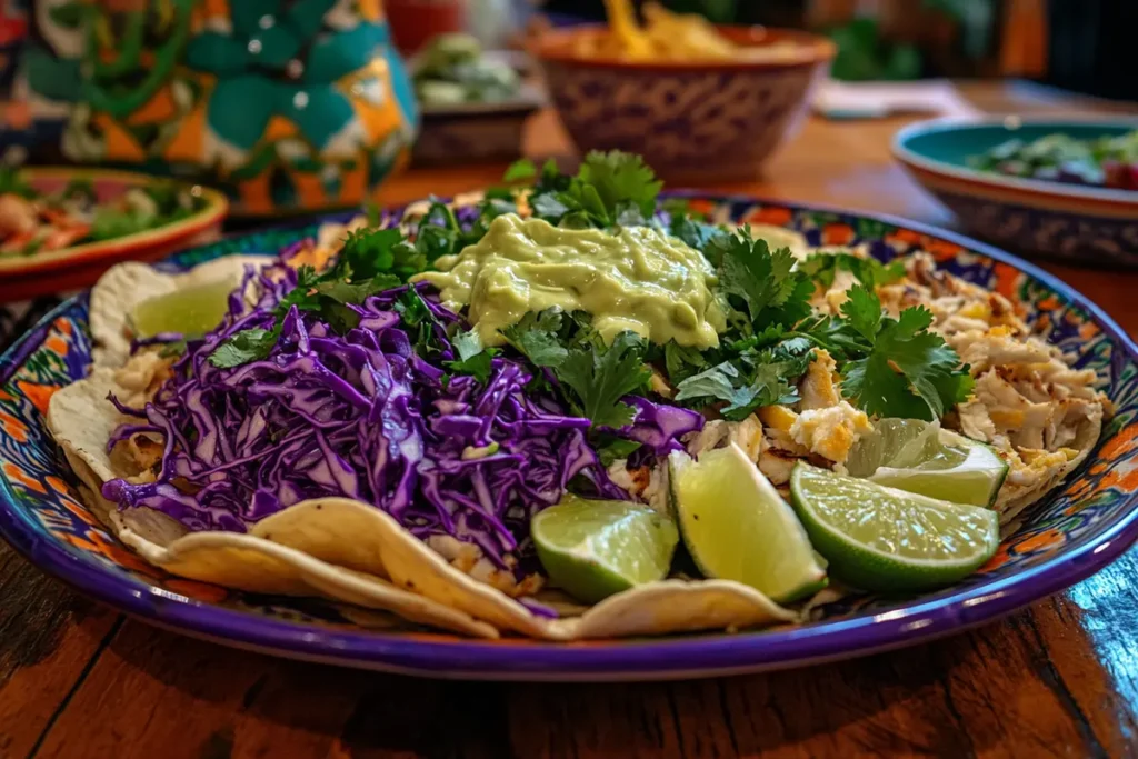 Whiting fish tacos with cabbage, avocado crema, and lime wedges.