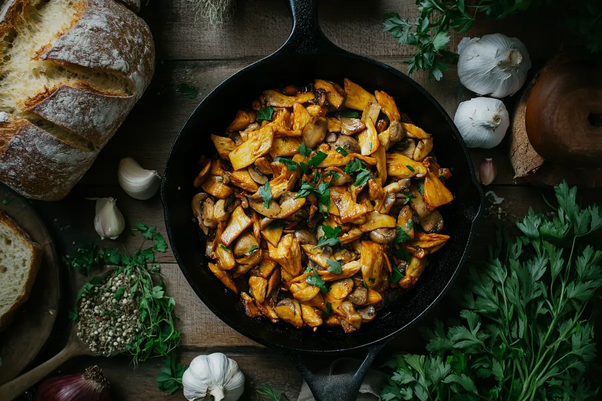 Sautéed chicken of the woods mushrooms in a cast iron skillet with fresh herbs.