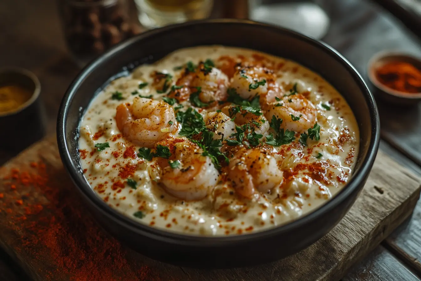 Steaming bowl of Cajun Alfredo pasta with shrimp and parsley.